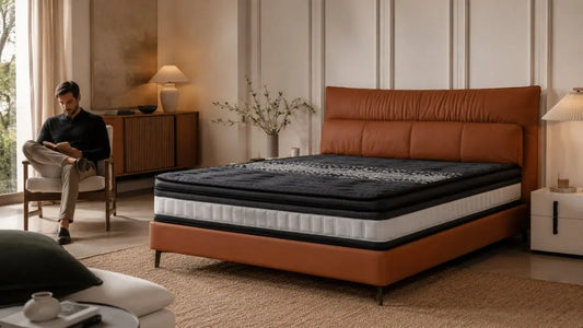 Supportive mattress for a heavier build styled in an Italian-inspired bedroom with a tan upholstered bed frame and warm neutral decor