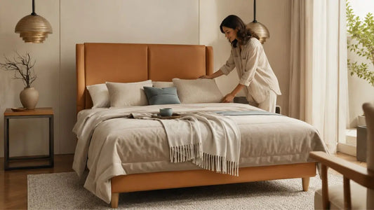 Tan upholstered bed styled with layered pillows and soft bedding in a warm modern bedroom for choosing a pillow to match your mattress