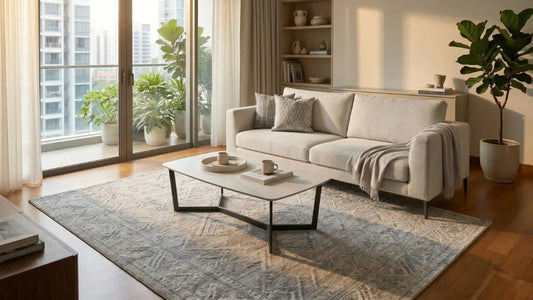 Large living room rug anchoring a beige sofa and coffee table in a bright Singapore condo living room
