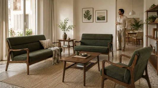 Italian-inspired walk-up apartment living room with green upholstered wooden-frame sofa set, coffee table, and warm neutral styling