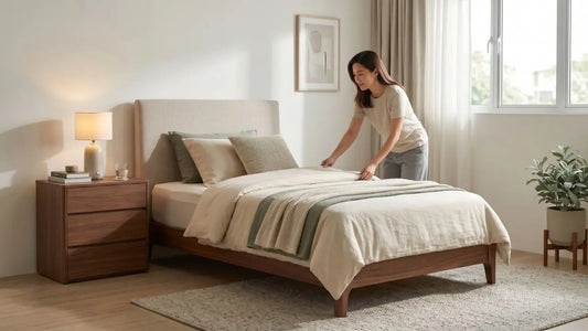 Common bedroom in a Singapore home with timber bed frame, bedside table, warm lamp, and neatly arranged bedding.
