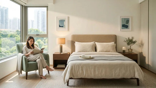 Junior master bedroom in a Singapore condo with upholstered bed frame, bedside tables, warm lighting, and reading chair by the window.