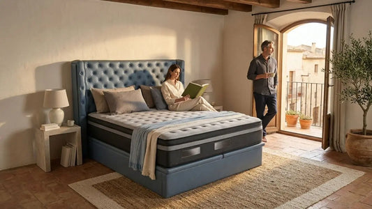 Couple relaxing in an airy bedroom with a blue bed, showing how to keep a mattress fresh in a humid climate