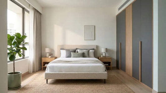 Light wood bed frame matched with grey and wood wardrobe panels in a bright modern Singapore bedroom.