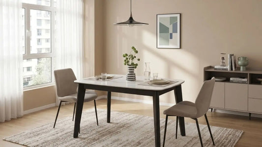 Modern Singapore dining room with a rectangular dining table, upholstered chairs, and a centred pendant light above the tabletop.