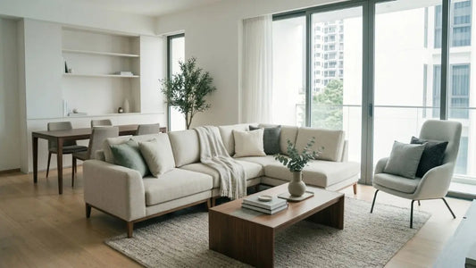 L-shaped living room with sectional sofa, coffee table, dining area, and balcony light in a modern Singapore condo.