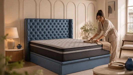 New mattress set up on a blue tufted bed frame in a refined modern bedroom with warm Italian-inspired styling
