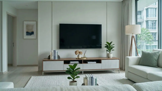 Modern Singapore living room with a wall-mounted television above a wide TV console, showing balanced screen and console proportions.