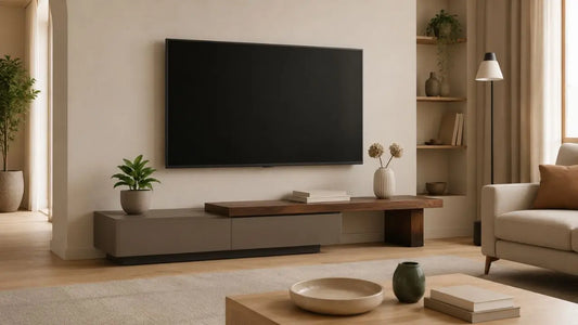 Modern living room with open shelving styled with minimal decor, a warm wood TV console, neutral furniture, and uncluttered Esteller-inspired interior styling