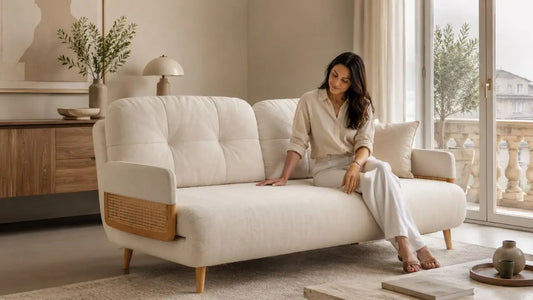 Italian-inspired living room with a cream sofa being tested for seat comfort and support