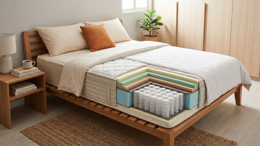 Cutaway view of a hybrid mattress showing pocketed springs, foam layers, and comfort materials inside a Singapore bedroom setting.