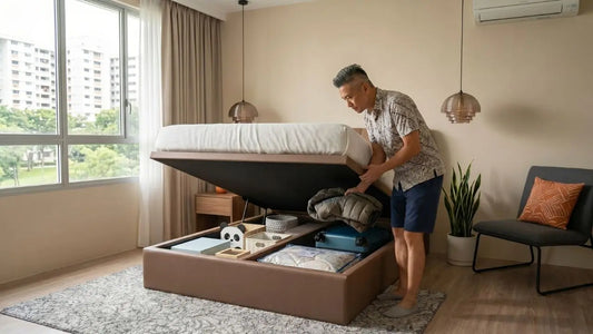 Homeowner lifting a hydraulic storage bed in a modern HDB bedroom with under-bed space for luggage and bedding