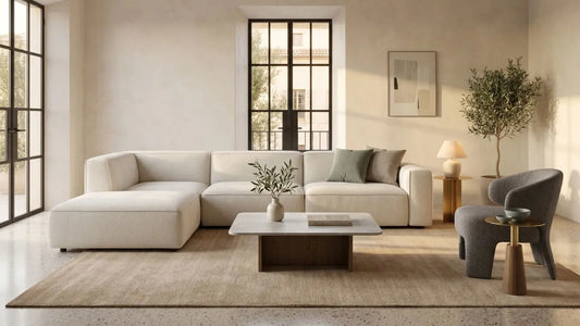 Calm Esteller living room with cream sectional sofa, coffee table, armchair, warm neutral tones, and balanced furniture proportions.