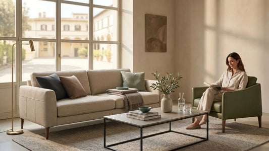 Italian-inspired living room with soft green sofa, warm daylight, and a woman reading at home