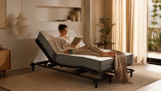 Italian-inspired bedroom with an adjustable bed raised for comfortable reading and relaxed everyday living