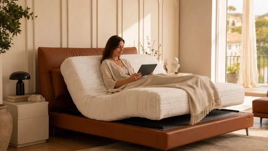 Italian-inspired bedroom with an adjustable bed raised for reading and working in a warm luxury interior