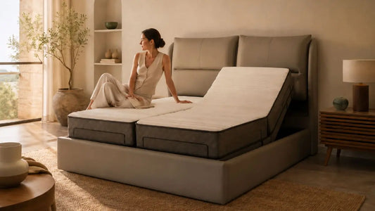Italian-inspired bedroom with adjustable bed and split mattress for choosing a mattress for an adjustable base