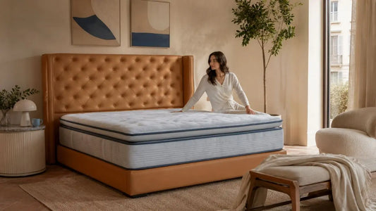 Italian-inspired bedroom with camel tufted bed and luxury mattress styled for everyday comfort
