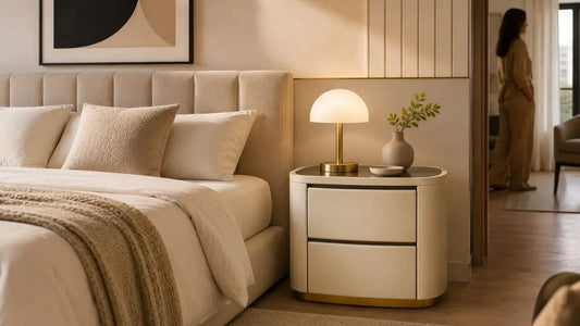 Italian-inspired bedroom with cream bedside table matched to a beige upholstered bed