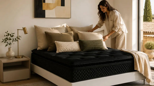 Italian-inspired bedroom with black Esteller mattress styled with layered cushion sizes and fillings