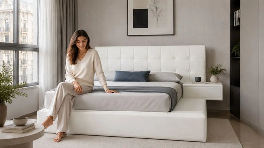 Woman sitting on a white upholstered bed to test mattress comfort in an Italian-inspired modern bedroom