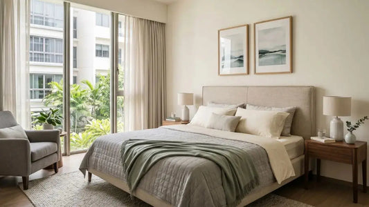 Italian-inspired bedroom in Singapore with a warm neutral upholstered bed, timber bedside tables, layered bedding, and soft natural light.