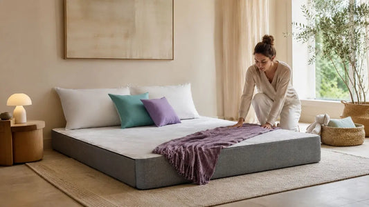 Italian-inspired child’s first bed with grey mattress, white pillows, teal cushion, lavender cushion and purple throw in a warm modern bedroom