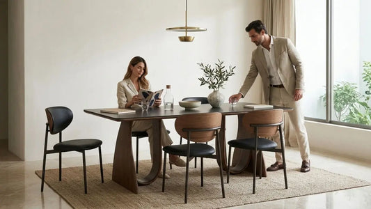 Italian-inspired dining room with wooden table, black chairs and refined styling for both daily dining and hosting
