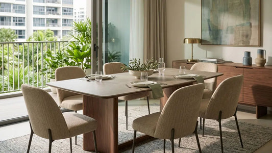 Italian-inspired dining space in a Singapore condo with a wood dining table, upholstered chairs, balcony greenery, and warm neutral styling