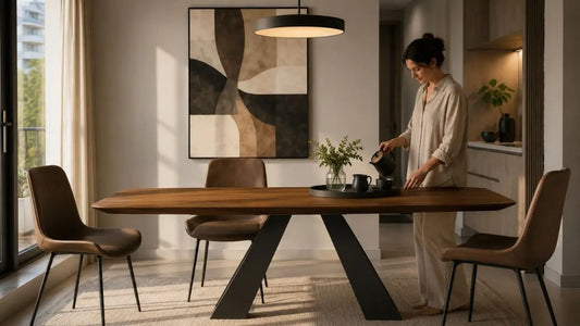 Italian-inspired dining room with warm wood table showing refined engineered wood furniture finish