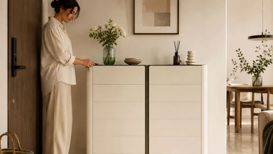 Italian-inspired entryway with cream storage cabinet that hides clutter in a refined modern home