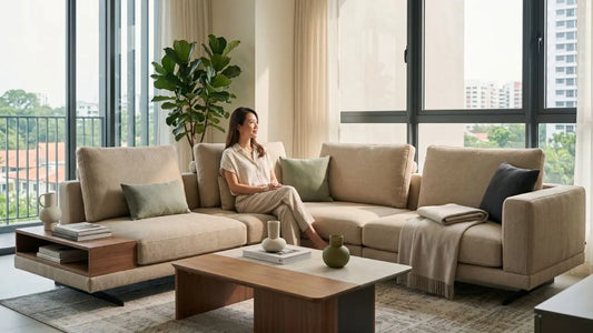 Italian-inspired beige modular sofa in a bright Singapore condo living room with warm wood coffee table and calm neutral styling