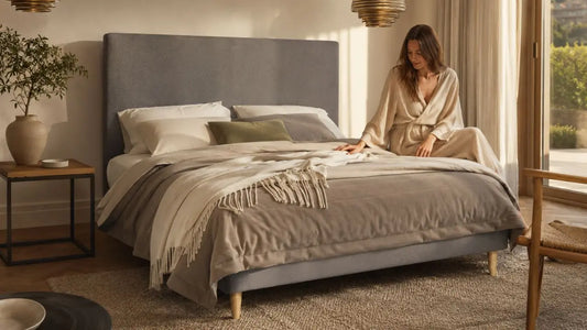 Italian-inspired bedroom with grey upholstered bed and layered bedding showing mattress comfort for foam layer support
