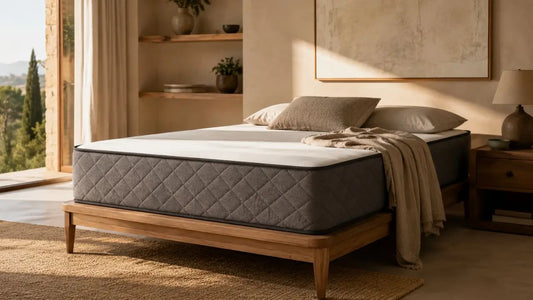Italian-inspired guest bedroom with a grey quilted mattress styled in warm neutral tones for choosing a guest room mattress