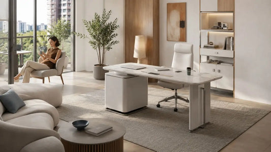 Italian-inspired home office within a living space featuring a refined desk setup, warm neutral furniture, and relaxed modern apartment styling