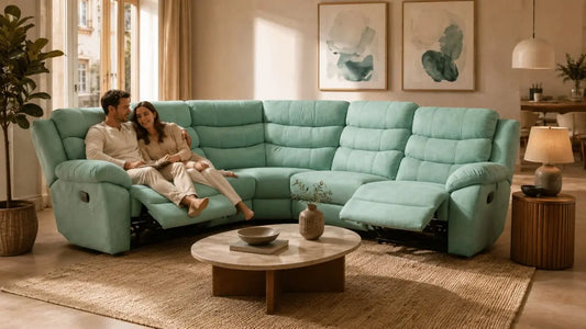 Italian-inspired living room with mint green reclining sectional sofa mixing affordable luxury and refined accent pieces