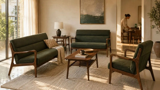Italian-inspired living room with olive green sofa set, walnut wood furniture, and warm neutral colour story for a cohesive home