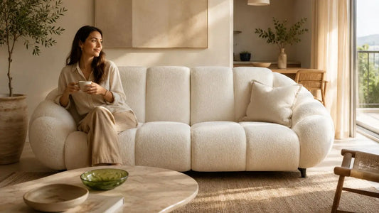 Italian-inspired living room with a cream bouclé sofa, warm neutral styling, and relaxed Mediterranean apartment ambience