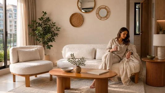 Italian-inspired living room with cream bouclé sofa, matching lounge chair, and warm wood tables showing quality furniture for long-term home use