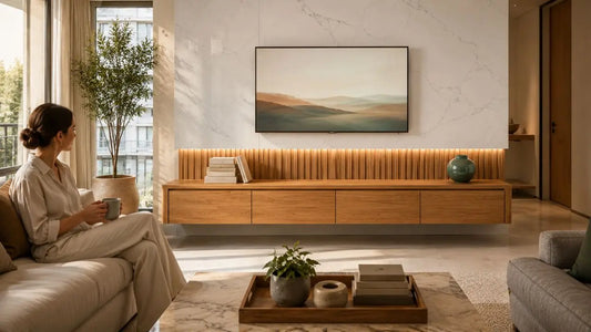 Italian-inspired living room with warm oak TV console showing the value of durable furniture