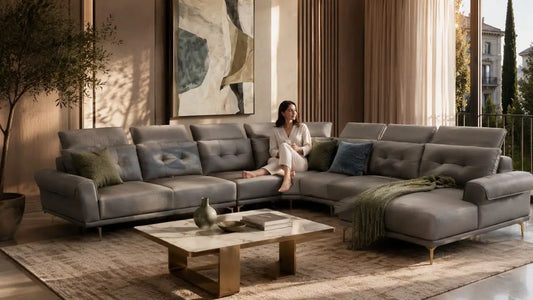 Italian-inspired neutral living room with a grey sectional sofa, olive green and muted blue accent cushions, and warm editorial styling for Esteller