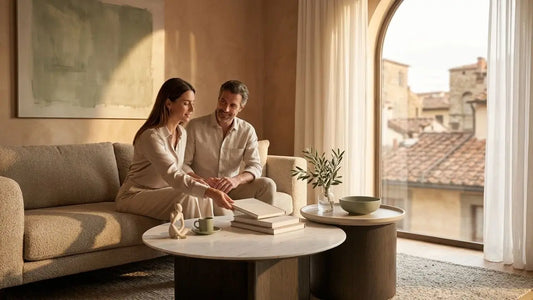 Italian-inspired living room with upholstered sofa, round ottoman coffee tables, books, and refined warm interiors