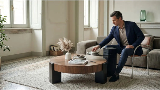 Italian-inspired living room with round wood and glass coffee table, styled for durable family use