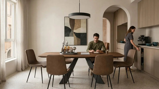 Italian-inspired six-seater dining set with wooden table, upholstered brown chairs, abstract wall art, and soft neutral interiors