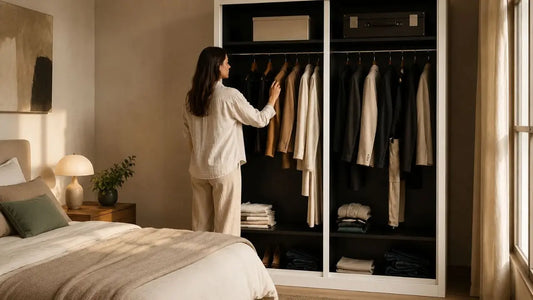Italian-inspired small bedroom wardrobe with open storage, warm neutral styling and space-saving layout