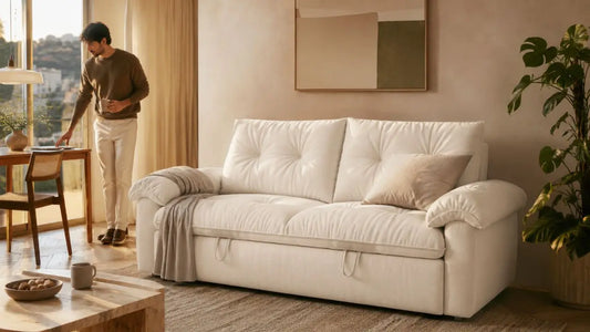 Italian-inspired living room with cream sofa, side work area, warm lighting, and relaxed home setting for work and rest