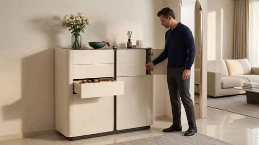 Italian-inspired entryway with a cream shoe cabinet designed for organised and well-ventilated shoe storage