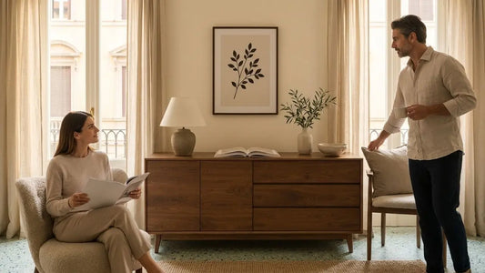 Italian-inspired dining room with a walnut sideboard, linen curtains, neutral chairs, and refined warm decor