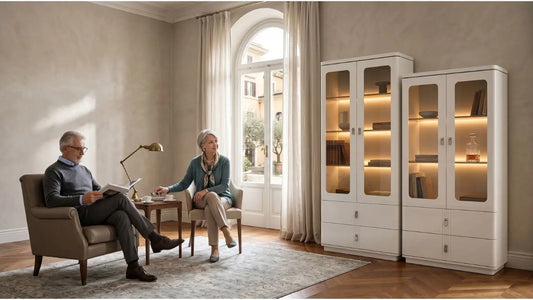 Italian-inspired white storage cabinets with warm display lighting for refined living room organisation
