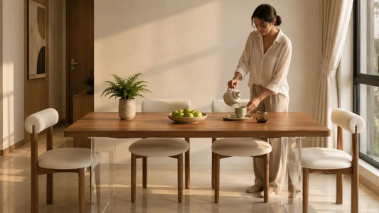 Italian-inspired dining room with a wooden dining table, cream upholstered chairs, and clear acrylic legs in a warm modern home